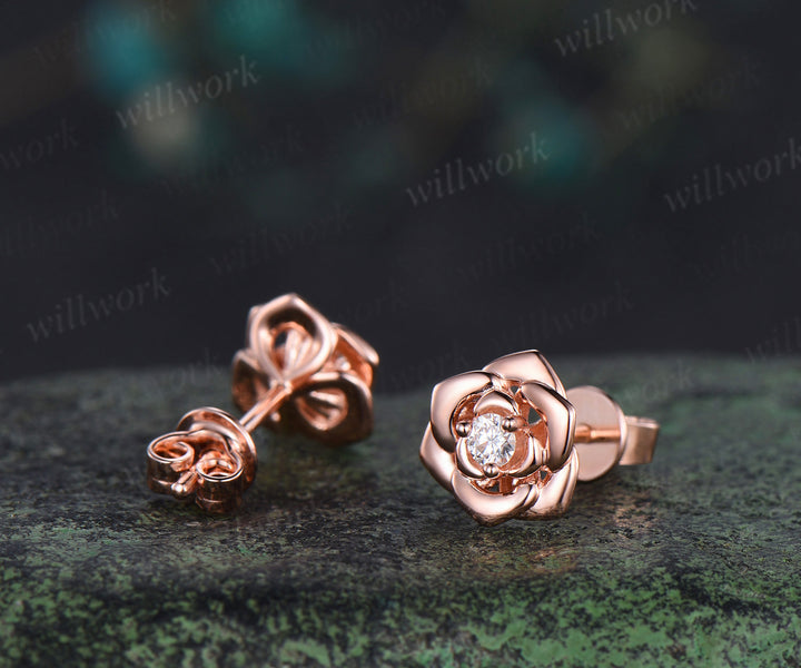 Round lab grown diamond rose stud earrings solid rose gold dainty flower earrings piercing jewelry for women