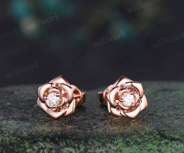 Round lab grown diamond rose stud earrings solid rose gold dainty flower earrings piercing jewelry for women