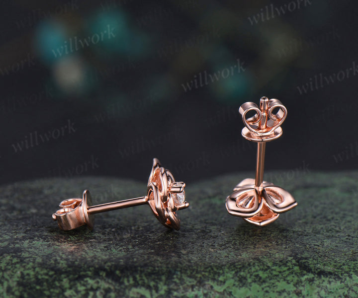 Round lab grown diamond rose stud earrings solid rose gold dainty flower earrings piercing jewelry for women