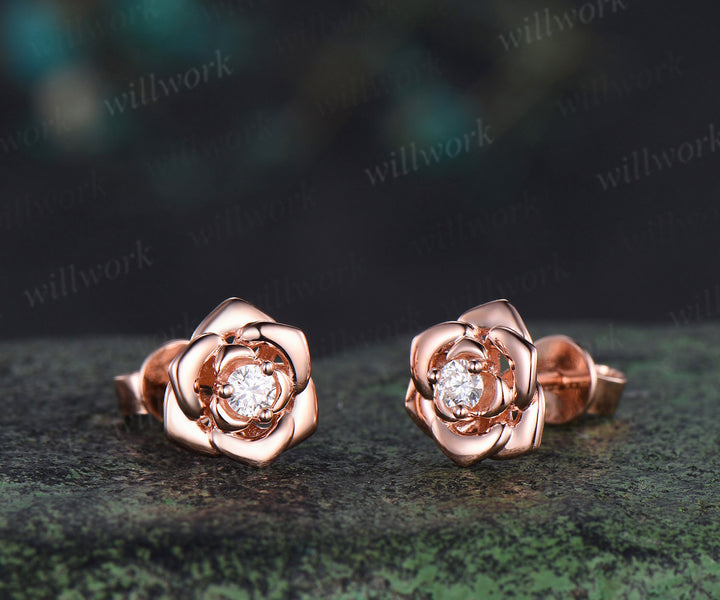 Round lab grown diamond rose stud earrings solid rose gold dainty flower earrings piercing jewelry for women