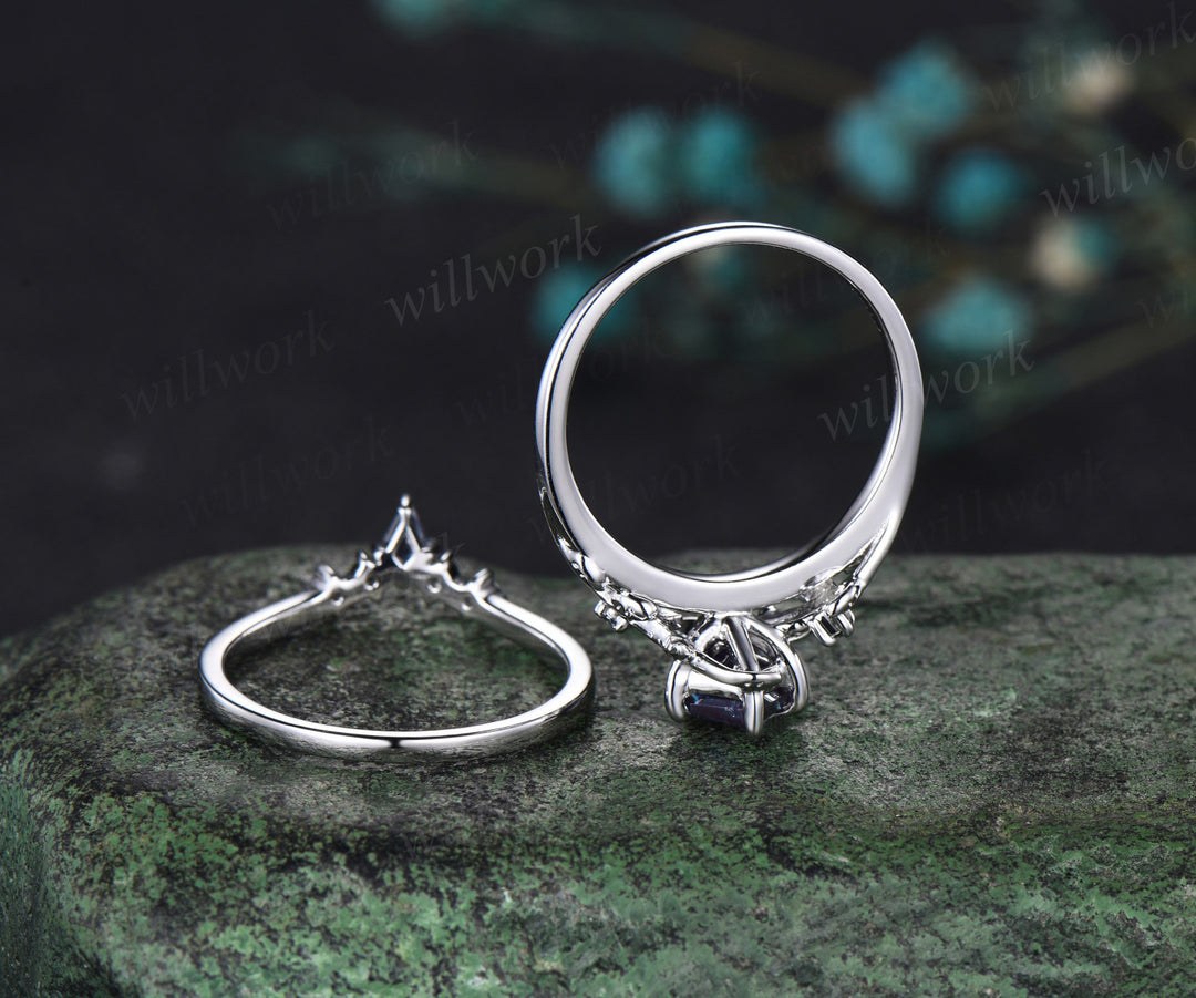 Kite cut alexandrite engagement ring set solid 14k white gold vintage leaf three stone unique wedding ring set women