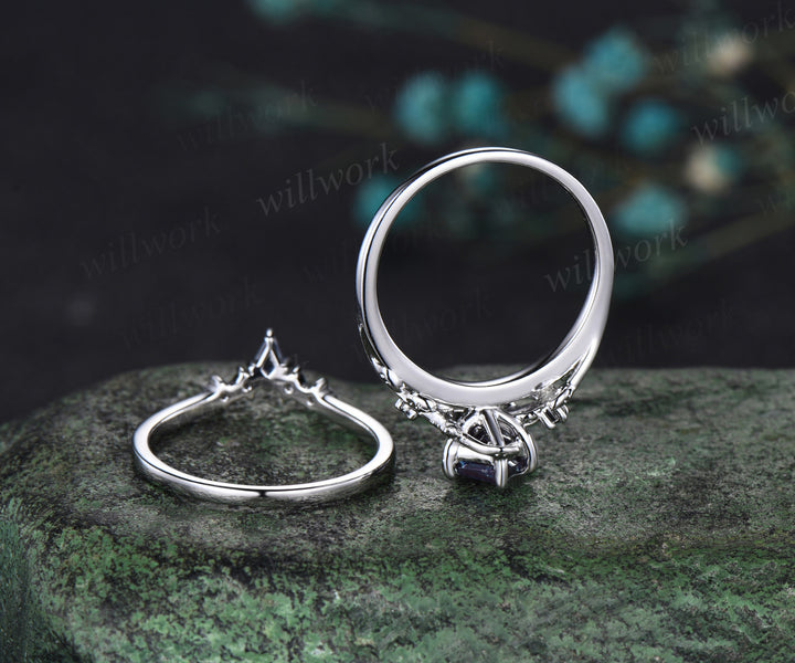 Kite cut alexandrite engagement ring set solid 14k white gold vintage leaf three stone unique wedding ring set women
