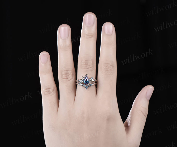 Kite cut alexandrite engagement ring set solid 14k white gold vintage leaf three stone unique wedding ring set women