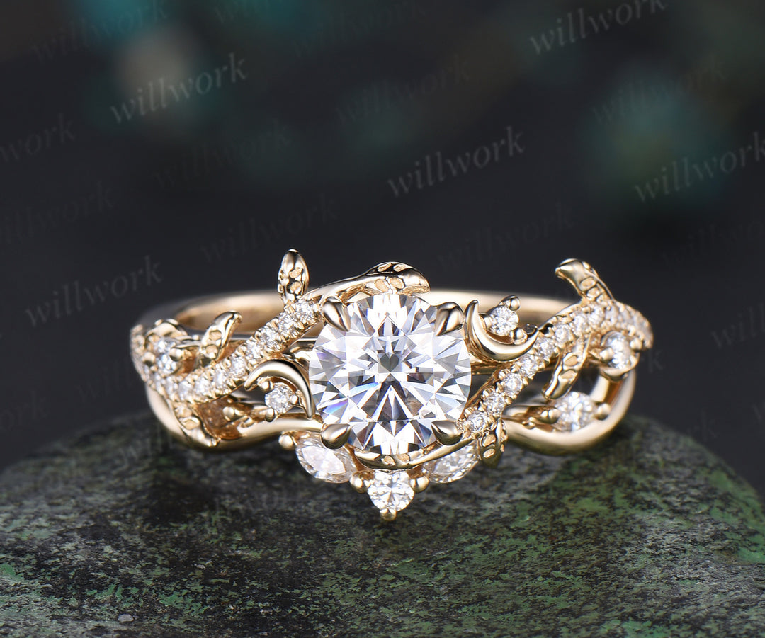 1ct Round Cut IGI Lab Grown Diamond Engagement Ring set 14k yellow gold moon Leaf Nature Inspired wedding Promise Ring Set women
