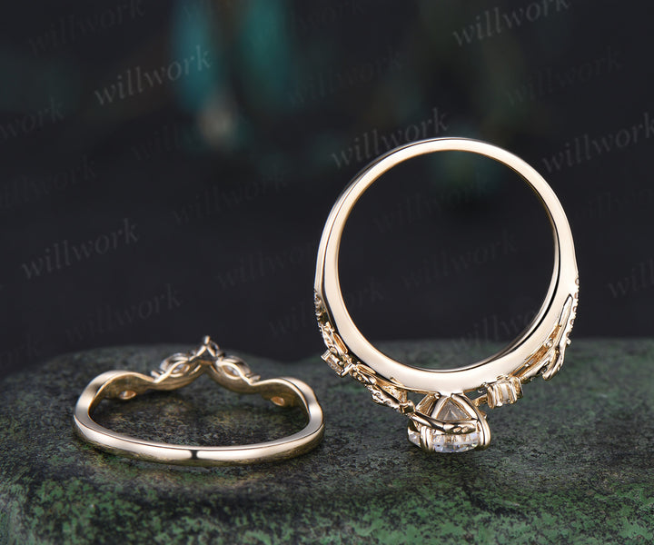 1ct Round Cut IGI Lab Grown Diamond Engagement Ring set 14k yellow gold moon Leaf Nature Inspired wedding Promise Ring Set women