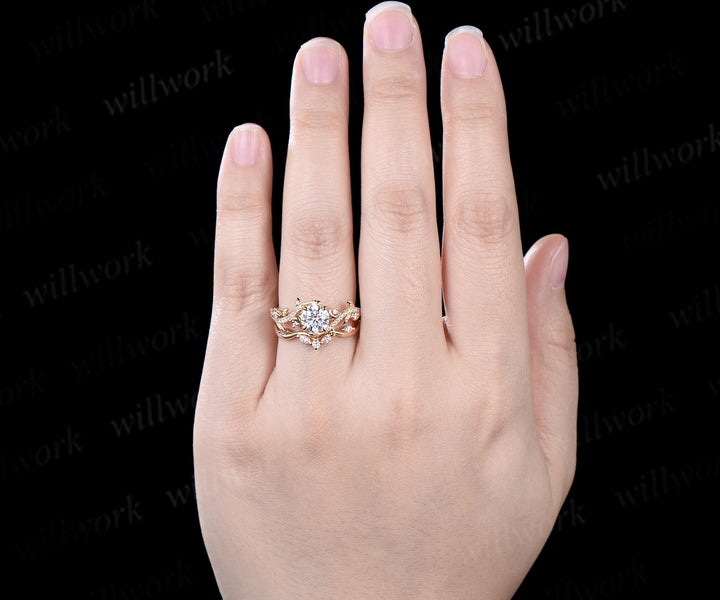 1ct Round Cut IGI Lab Grown Diamond Engagement Ring set 14k yellow gold moon Leaf Nature Inspired wedding Promise Ring Set women