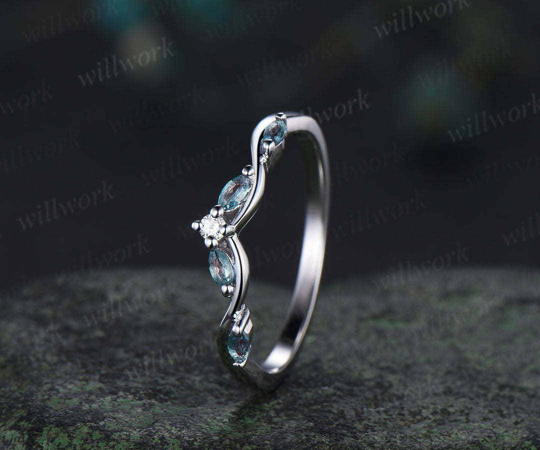 Princess cut green moss agate engagement ring 14k white gold five stone leaf branch Nature inspired bridal ring set women gift