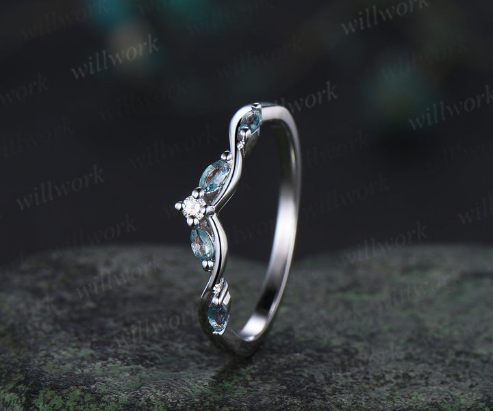 Princess cut green moss agate engagement ring 14k white gold five stone leaf branch Nature inspired bridal ring set women gift