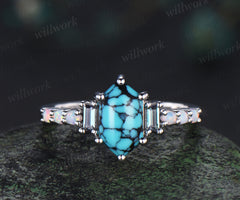 Unique Long hexagon cut turquoise engagement ring cluster baguette alexandrite opal wedding ring art deco proposal gifts
