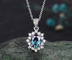 Minimalist Oval Cut Alexandrite Necklace Delicate Moissanite Halo Pendant June Birthstone Custom Bridal Necklace Anniversary Jewelry