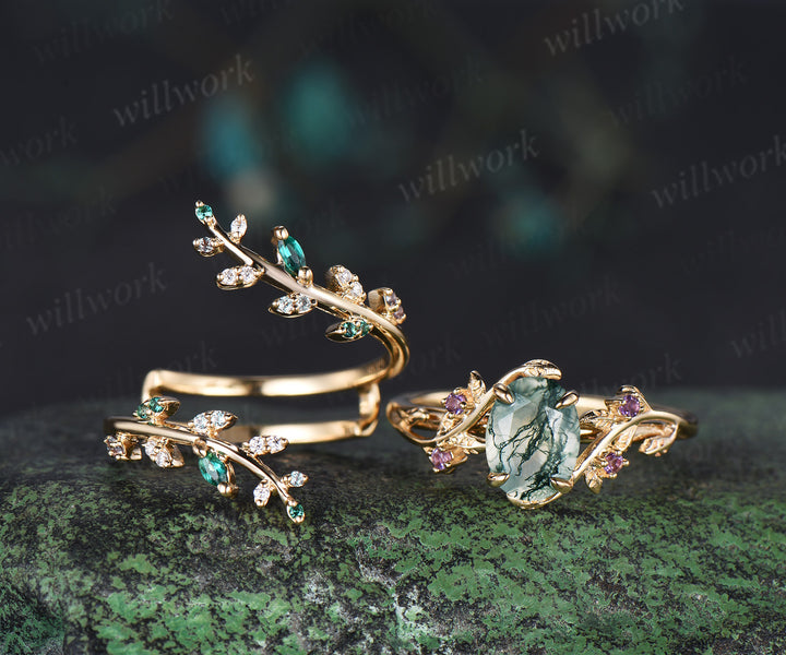 Oval cut moss agate engagement ring 14k yellow gold leaf amethyst emerald alexandrite wedding band enhancer women bridal ring set