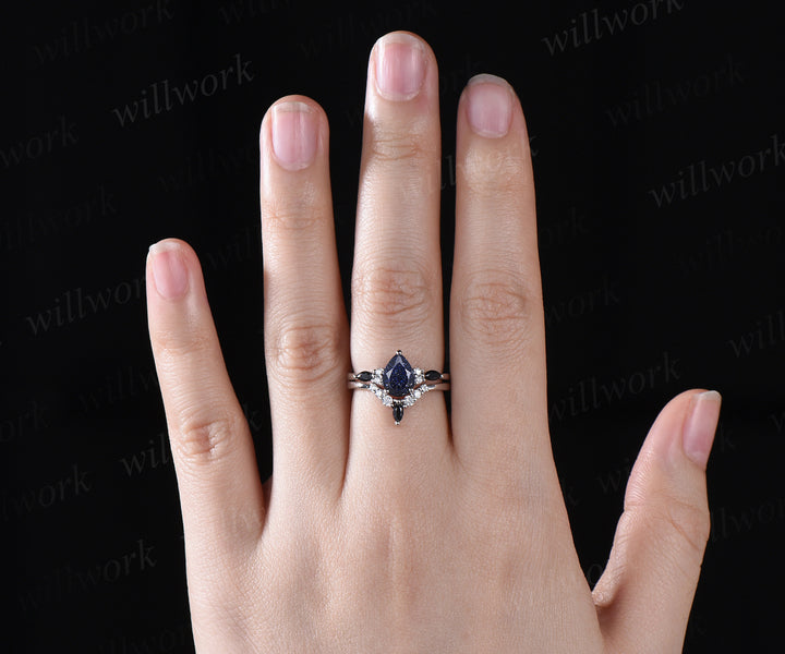 Vintage blue sandstone engagement ring set unique Galaxy blue gem ring curved moissanites wedding band bridal wedding set anniversary gifts