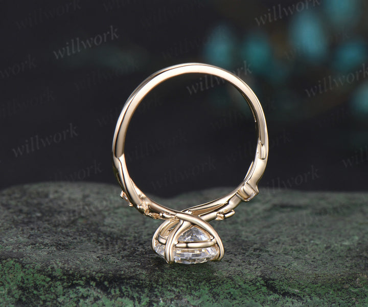 2ct Round cut moissanite engagement ring solid 14k yellow gold leaf claw prong three stone diamond promise wedding ring women