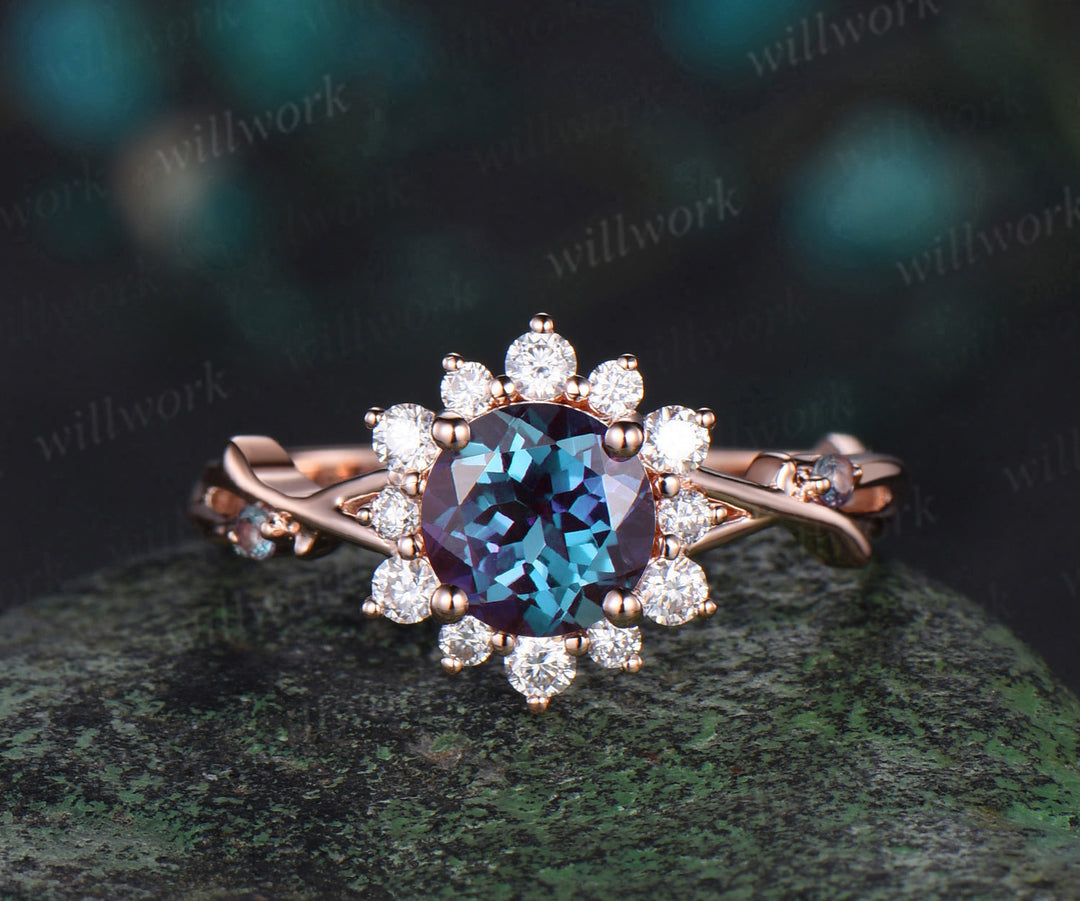 Round cut alexandrite engagement ring rose gold twisted branch vine halo diamond ring vintage promise bridal ring women