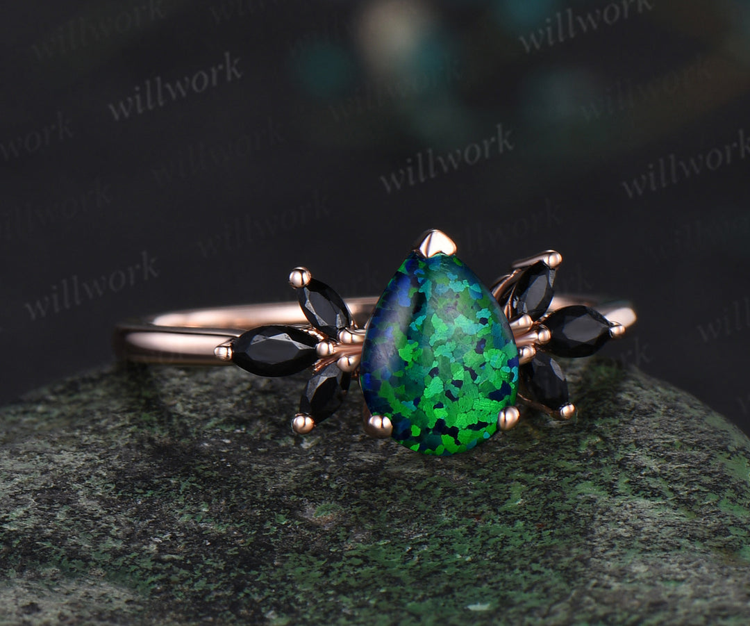 Pear shaped black opal engagement ring rose gold cluster marquise black spinel ring women