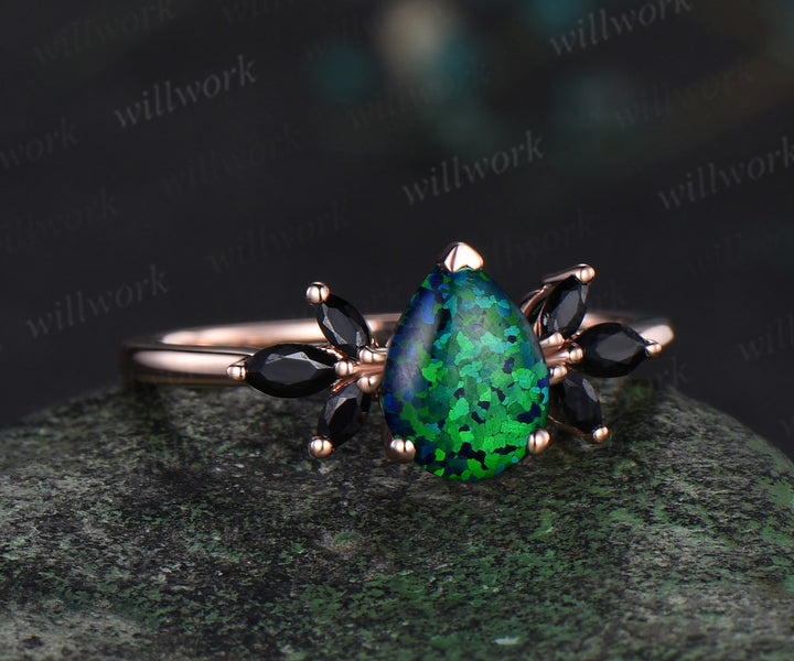 Pear shaped black opal engagement ring rose gold cluster marquise black spinel ring women