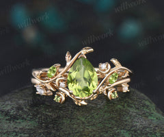 Vintage pear shaped peridot engagement ring twisted leaf moon Crystal gemstone wedding anniversary ring set gift