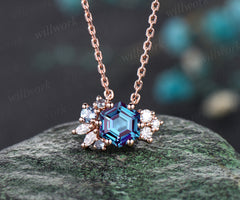 Hexagon alexandrite necklace moissanite art deco cluster pendant 14k/18k rose gold necklace birthstone anniversary gifts for women