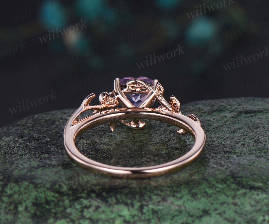 Vintage heart shaped Lavender Amethyst engagement ring rose gold twig leaf Nature inspired moon diamond anniversary ring women gift