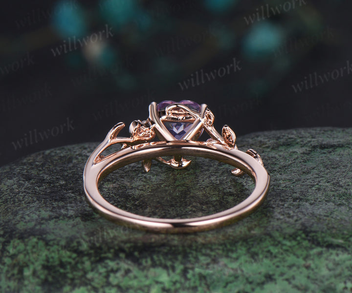 Vintage heart shaped Lavender Amethyst engagement ring rose gold twig leaf Nature inspired moon diamond anniversary ring women gift