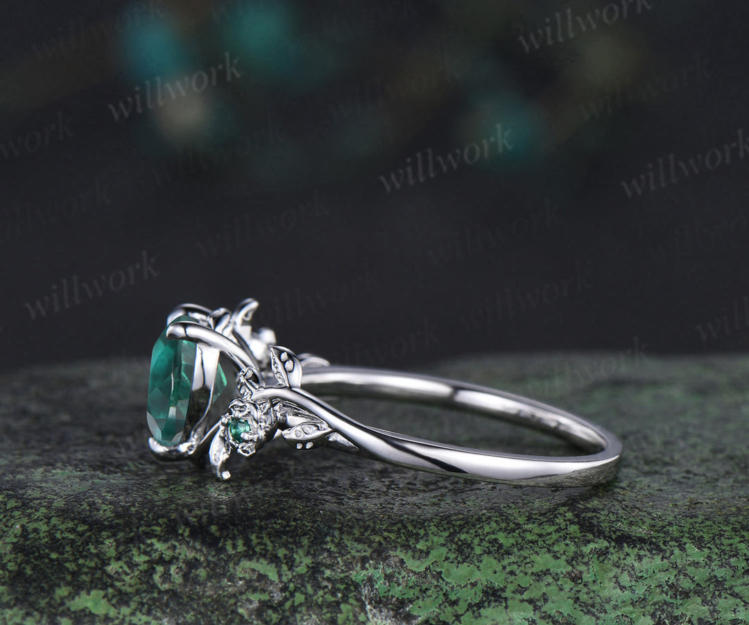 Heart cut green emerald leaf floral engagement ring women 14k white gold nature inspired promise wedding ring women gift