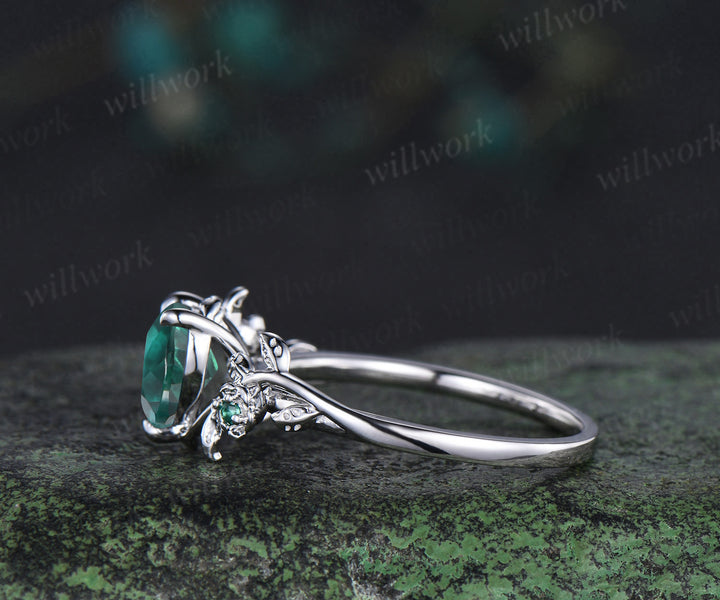 Heart cut green emerald leaf floral engagement ring women 14k white gold nature inspired promise wedding ring women gift