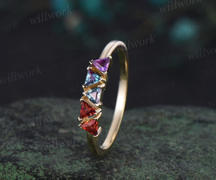 Trilliant cut garnet alexandrite amethyst ring solid 14k yellow gold five stone birthday gift Multi-Stone Rings anniversary ring women gift