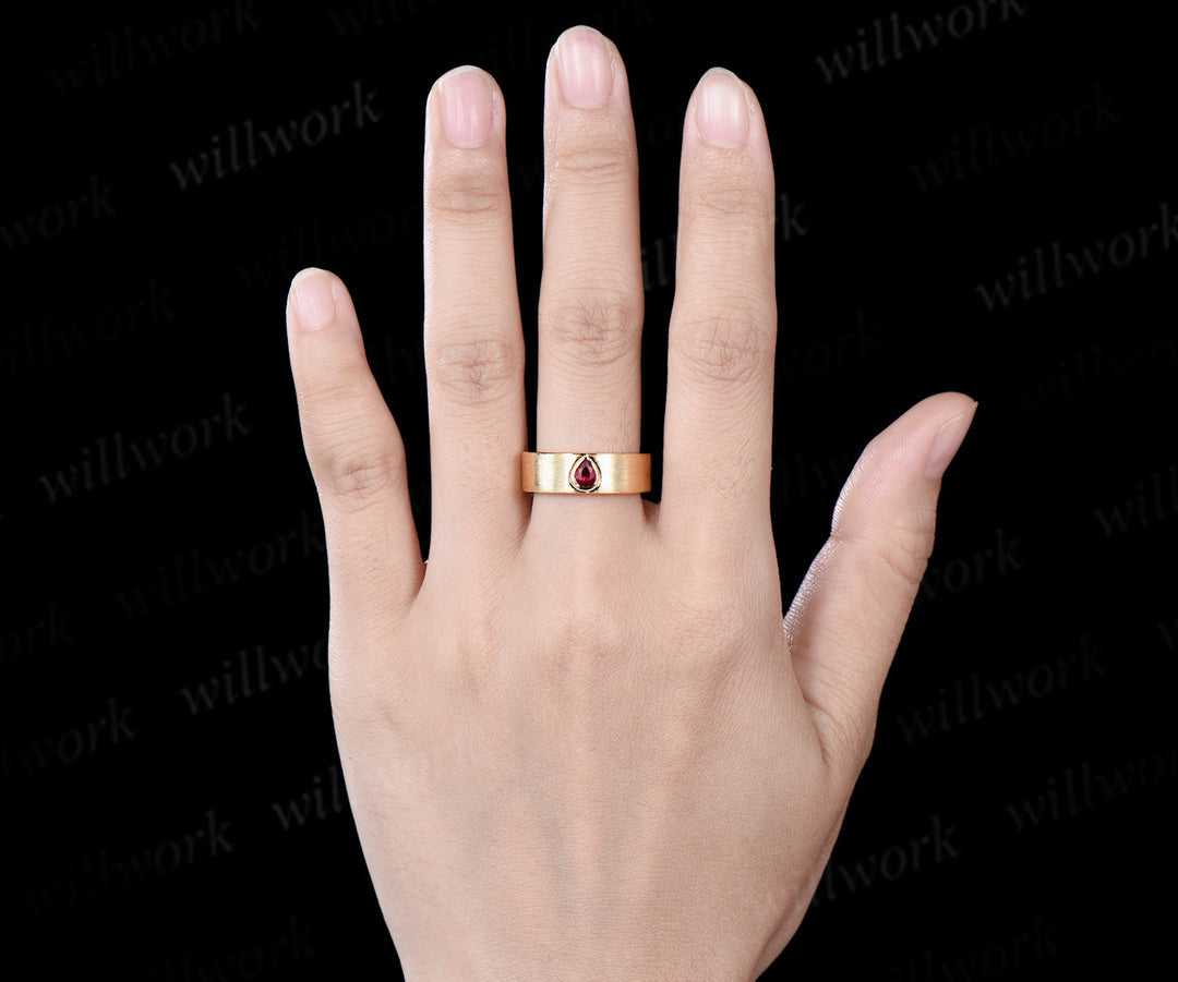 Pear Cut Ruby Floral Leaf Engagement Ring Set & Solitaire Ruby Brushed Men Wedding Band Passionate Ruby Couple Ring Set