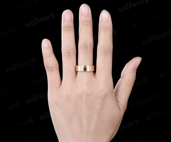 Pear Cut Ruby Floral Leaf Engagement Ring Set & Solitaire Ruby Brushed Men Wedding Band Passionate Ruby Couple Ring Set