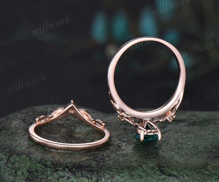 Pear cut green emerald engagement ring solid 14k rose gold leaf nature inspired three stone peridot bridal ring set women
