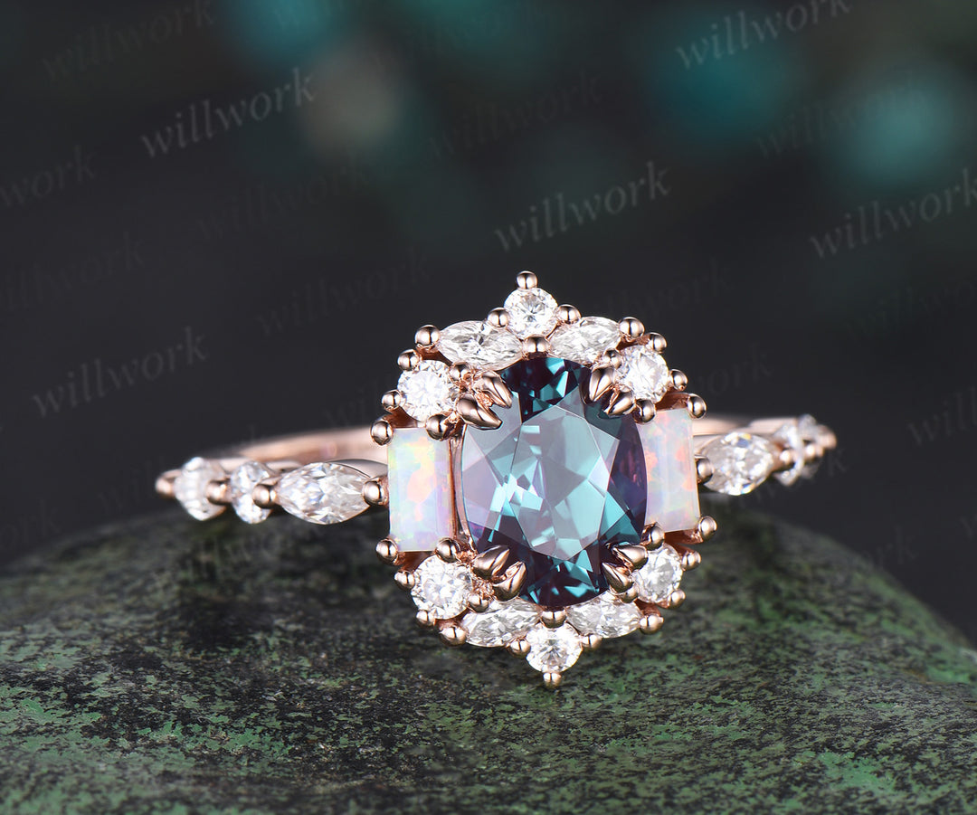 Oval cut alexandrite engagement ring halo diamond ring vintage Baguette cut opal ring rose gold women unique bridal anniversary gift jewelry