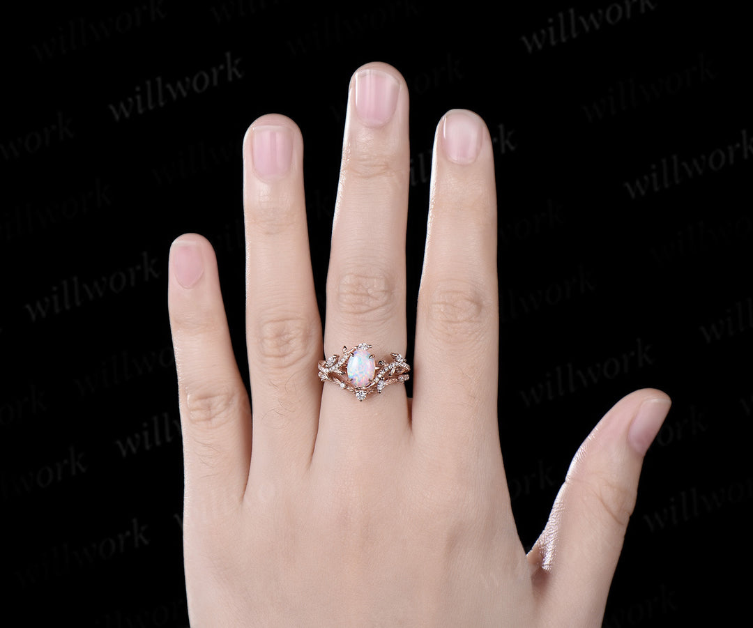 Vintage Oval white opal engagement ring rose gold art deco leaf nature inspired half eternity diamond anniversary ring women gift
