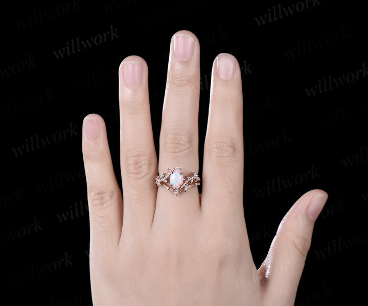 Vintage Oval white opal engagement ring rose gold art deco leaf nature inspired half eternity diamond anniversary ring women gift