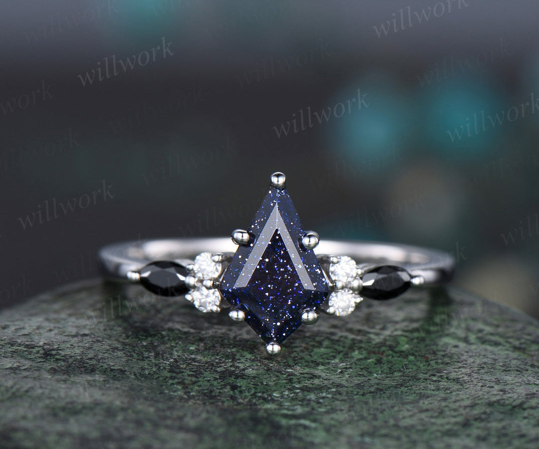 Galaxy kite blue sandstone emerald engagement ring set solid 14k white gold marquise black stone ring set women bridal set jewelry