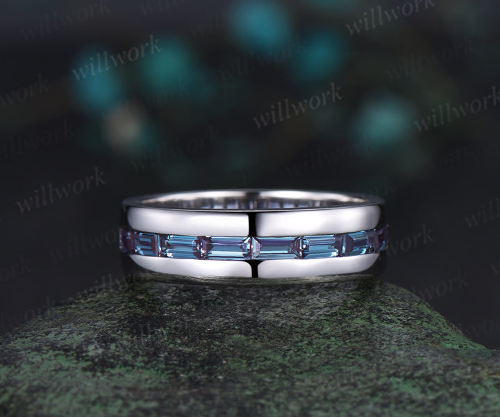 Baguette cut alexandrite wedding band men half eternity mens wedding ring band June birthstone ring anniversary gift
