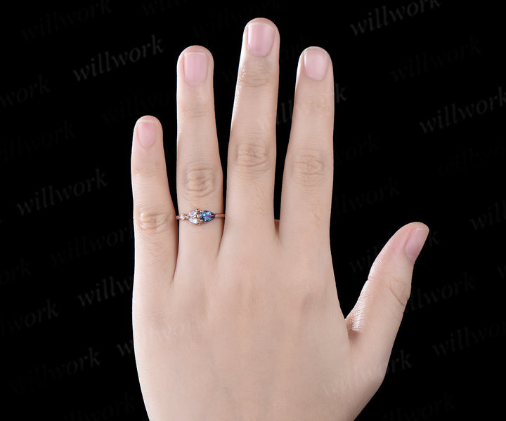 Pear alexandrite engagement ring rose gold five stone moonstone dainty Multi-Stone Rings unique June birthstone anniversary ring women