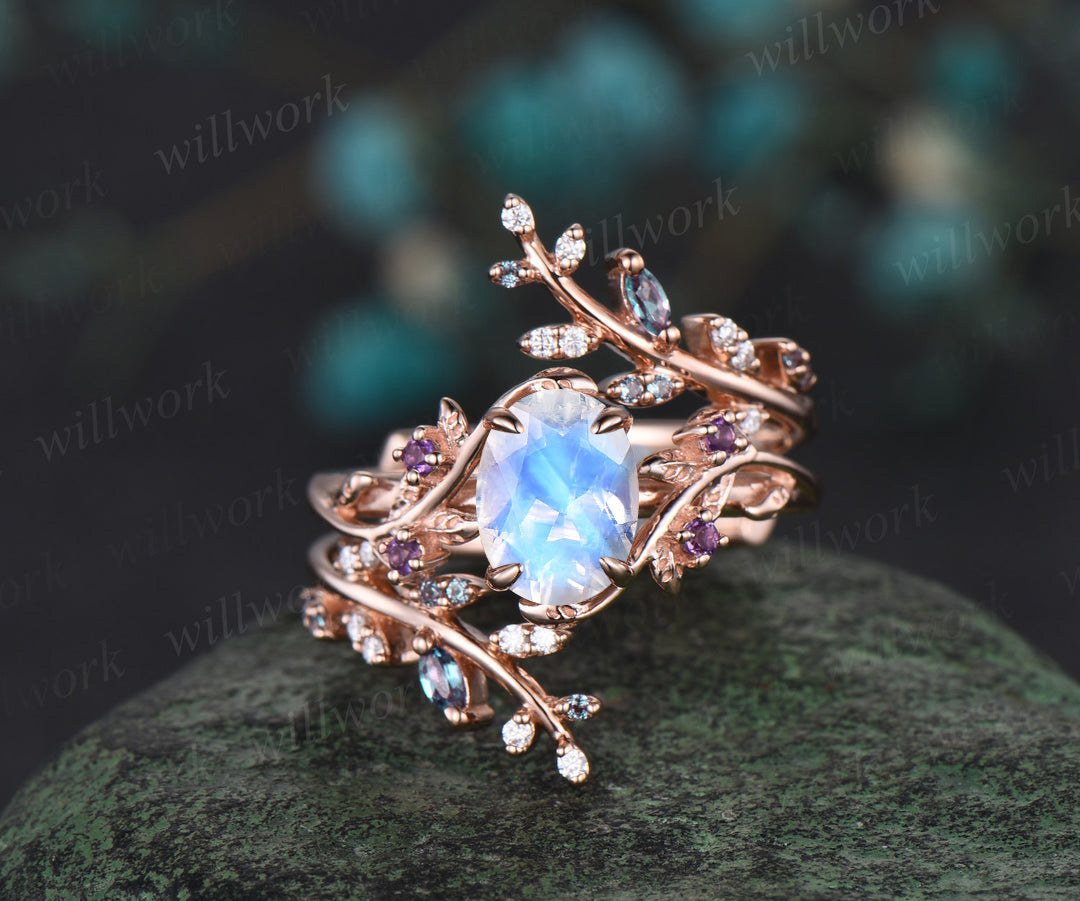 Vintage oval moonstone engagement ring nature inspired leaf