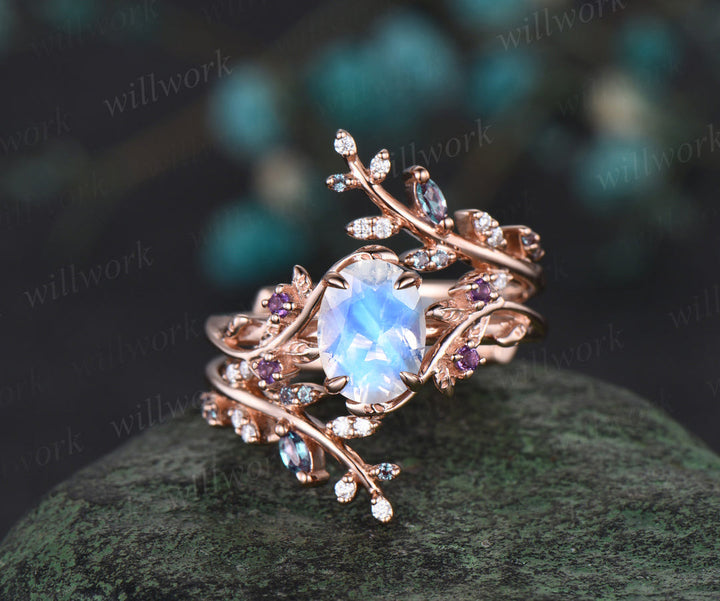 Vintage oval moonstone engagement ring nature inspired leaf amethyst ring wedding band enhancer twisted bridal ring set women