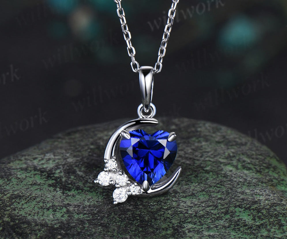 Vintage heart shaped blue sapphire necklace white gold cluster