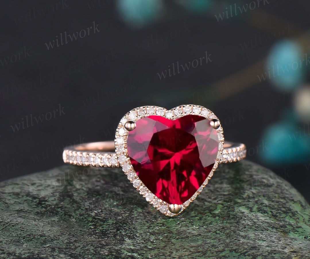 Ruby Engagement Ring-Handmade Solid 14k Rose Gold Ring-Real Floral Moissanites Red Heart Shaped Cut Gemstone Promise Ring