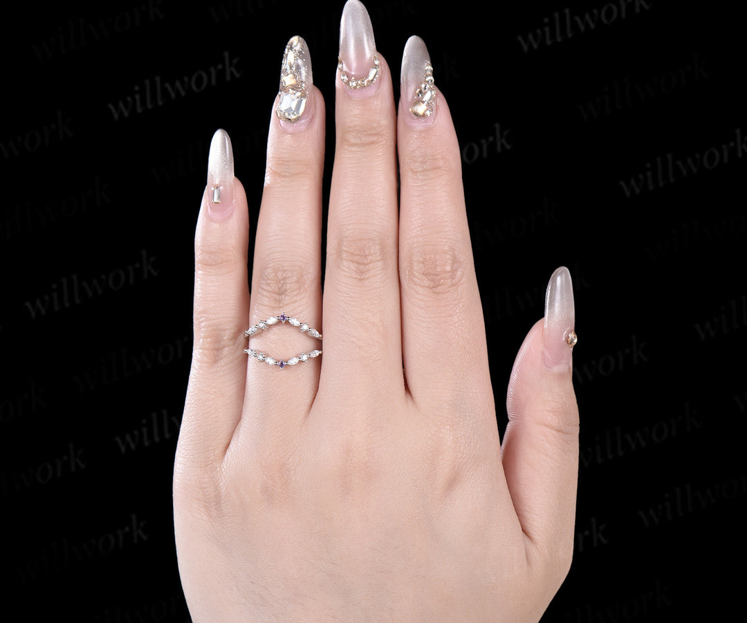 Double curved diamond wedding band enhancer wraps solid 14k white gold amethyst wedding ring band women anniversary gift