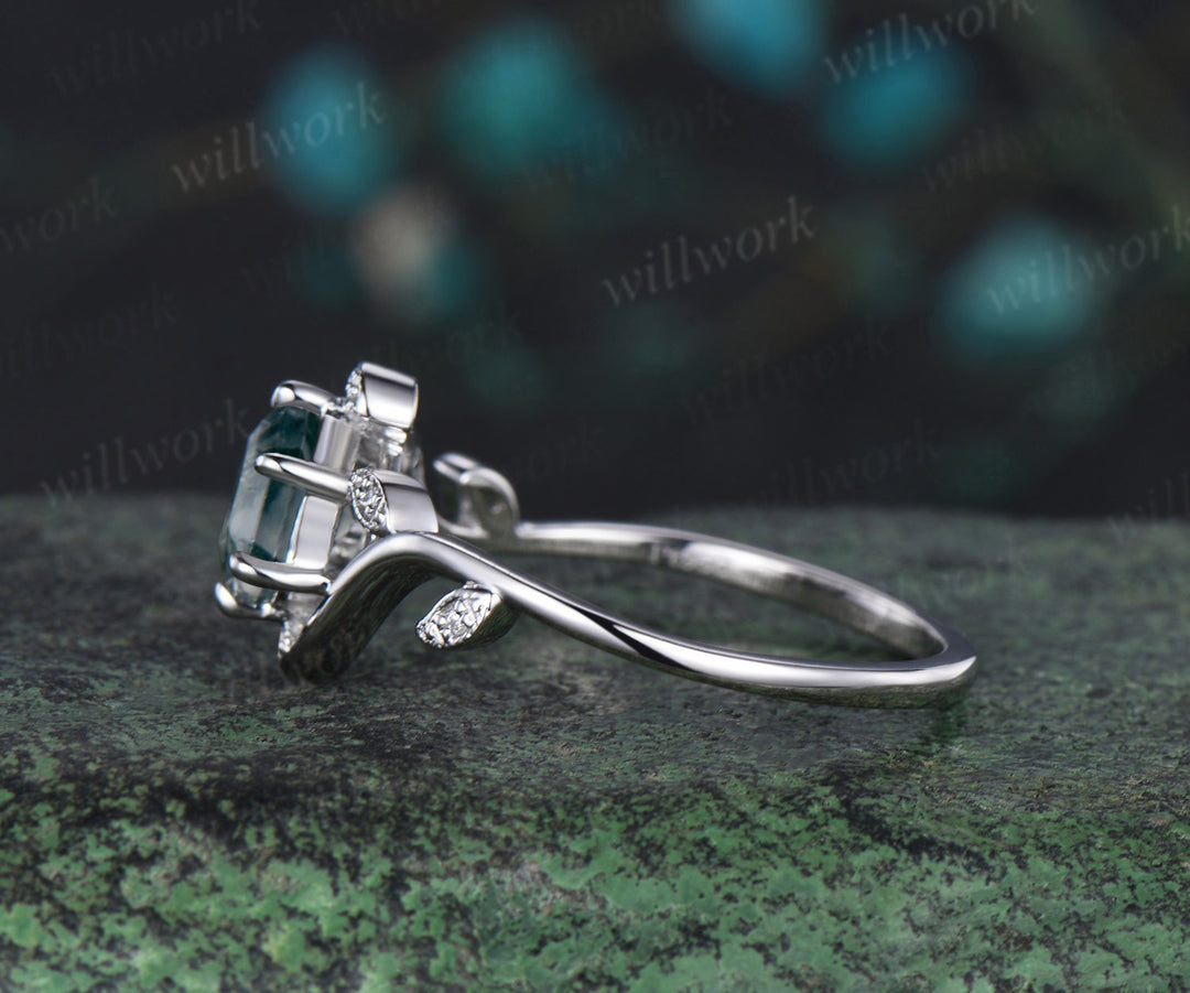 Hexagon moss agate ring vintage white gold leaf white gold nature inspired engagement ring Milgrain diamond wedding anniversary ring women
