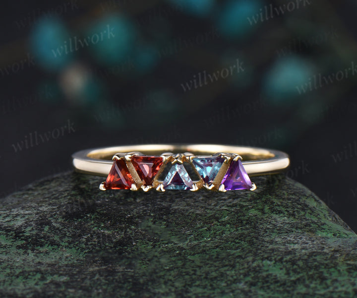 Trilliant cut garnet alexandrite amethyst ring solid 14k yellow gold five stone birthday gift Multi-Stone Rings anniversary ring women gift