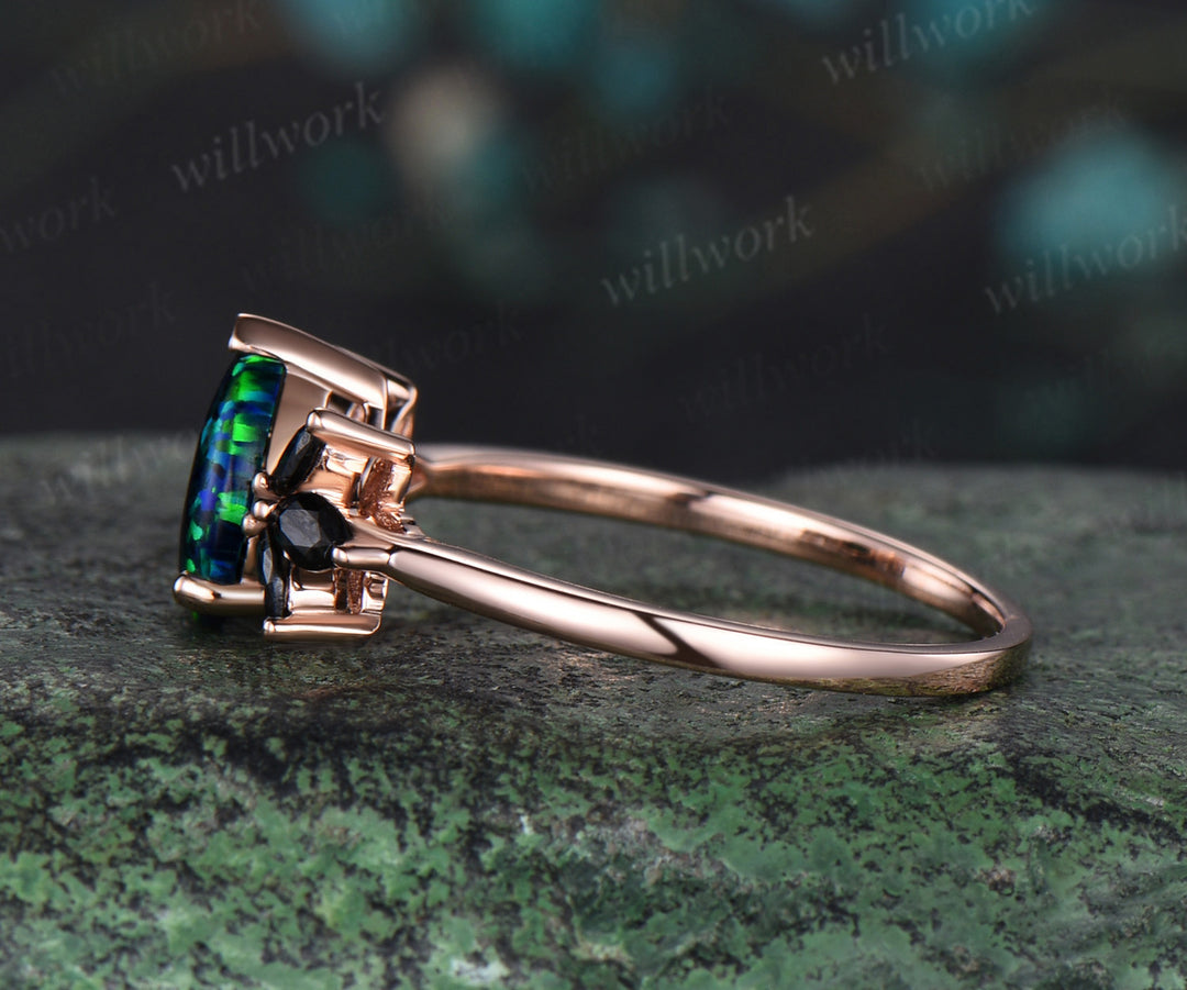 Pear shaped black opal engagement ring rose gold cluster marquise black spinel ring women
