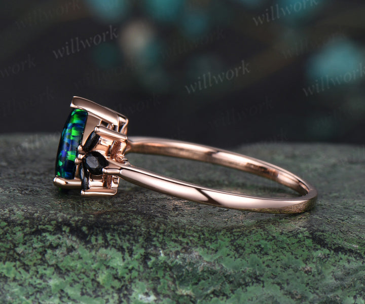 Pear shaped black opal engagement ring rose gold cluster marquise black spinel ring women