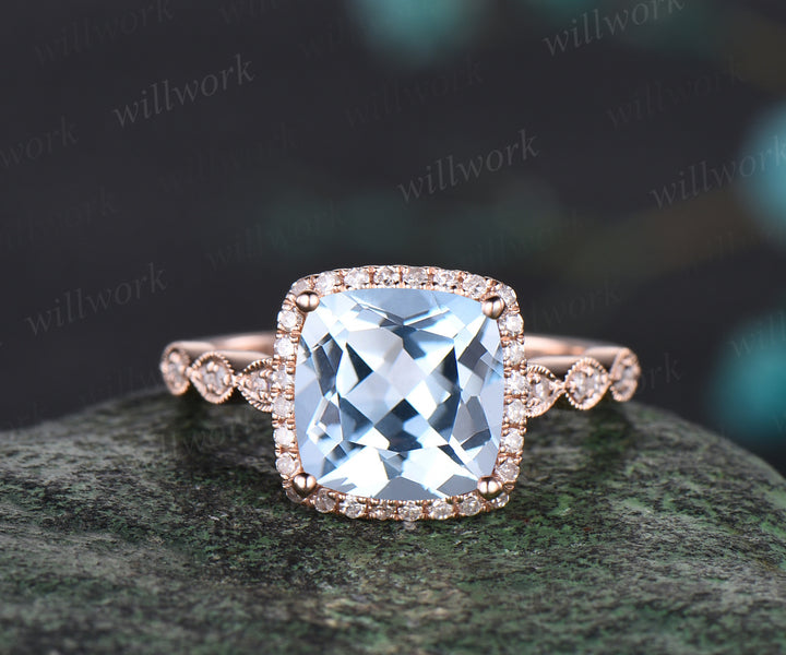 Milgrain Cushion Cut Natural Aquamarine Engagement Ring Set Vintage Moissanite Halo Half Eternity Wedding Ring Antique 14k Rose Gold 3pcs Bridal Ring Set