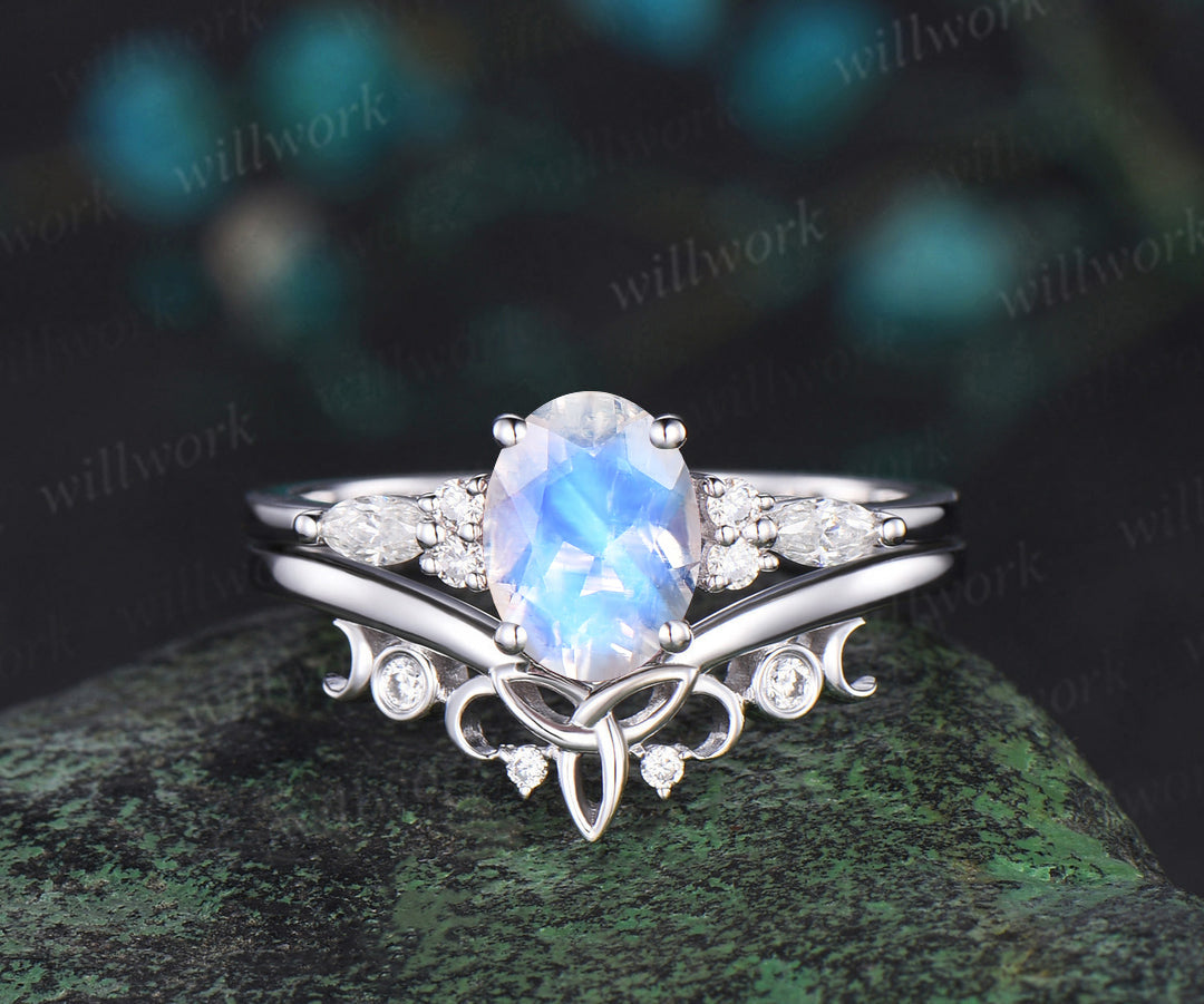 READY TO SHIP: Oval Moonstone Engagement Ring Set - 10k White Gold - Ring Size: 9 US