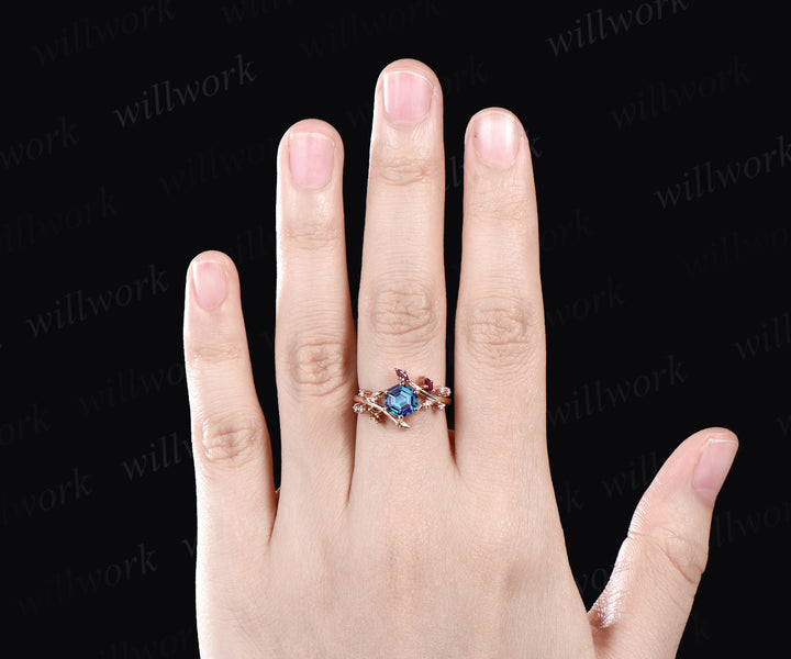 Unique Hexagonal Ring Vine Wrapped Alexandrite Ring 14k Rose Gold Engagement Ring Christmas Gift Anniversary Gift Ring