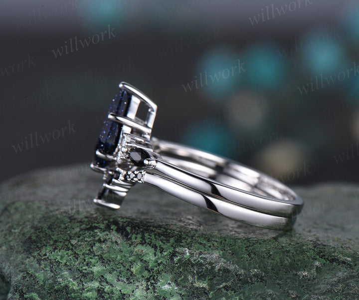Galaxy kite blue sandstone emerald engagement ring set solid 14k white gold marquise black stone ring set women bridal set jewelry