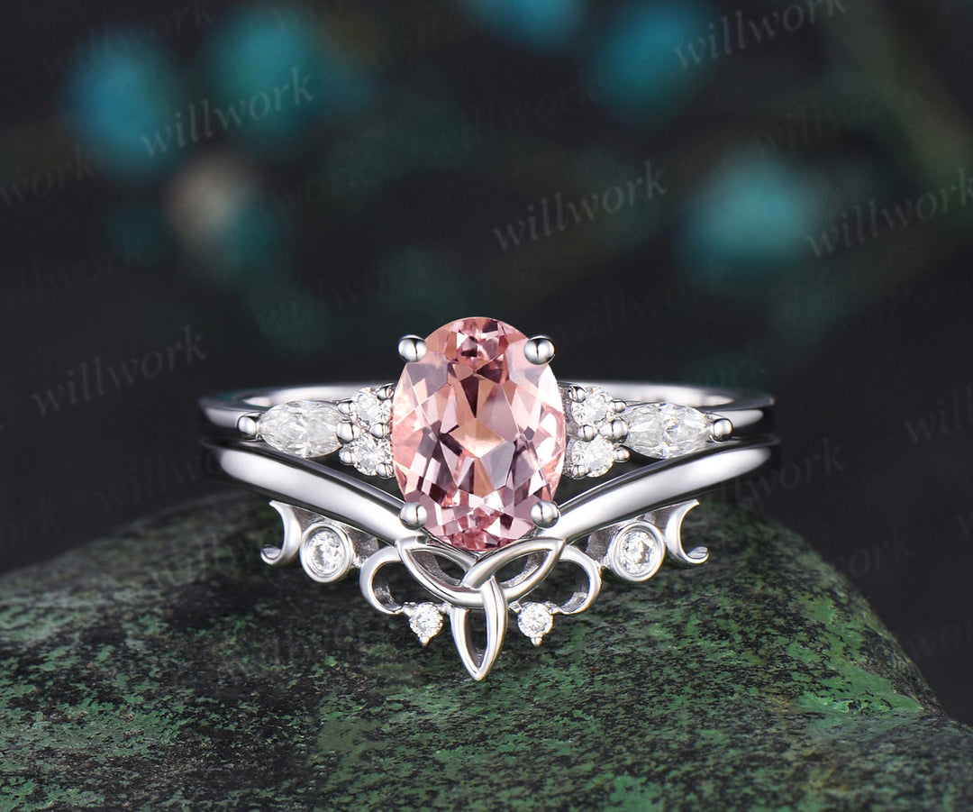 Oval cut morganite engagement ring solid 14k white gold moon Celtic knot diamond wedding promise ring set women